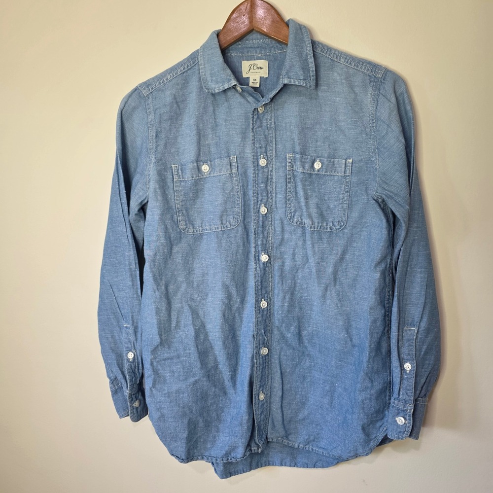 J. Crew Button Down Women XS Light‎ Blue Linen Blend Chambray Coastal Shirt